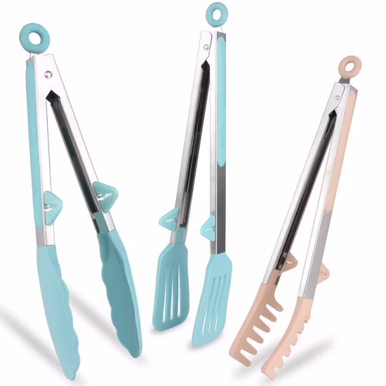 Résistance à la chaleur, poignée en acier inoxydable de 9/12 pouces, ensemble d'ustensiles de cuisine, Clip alimentaire en Silicone